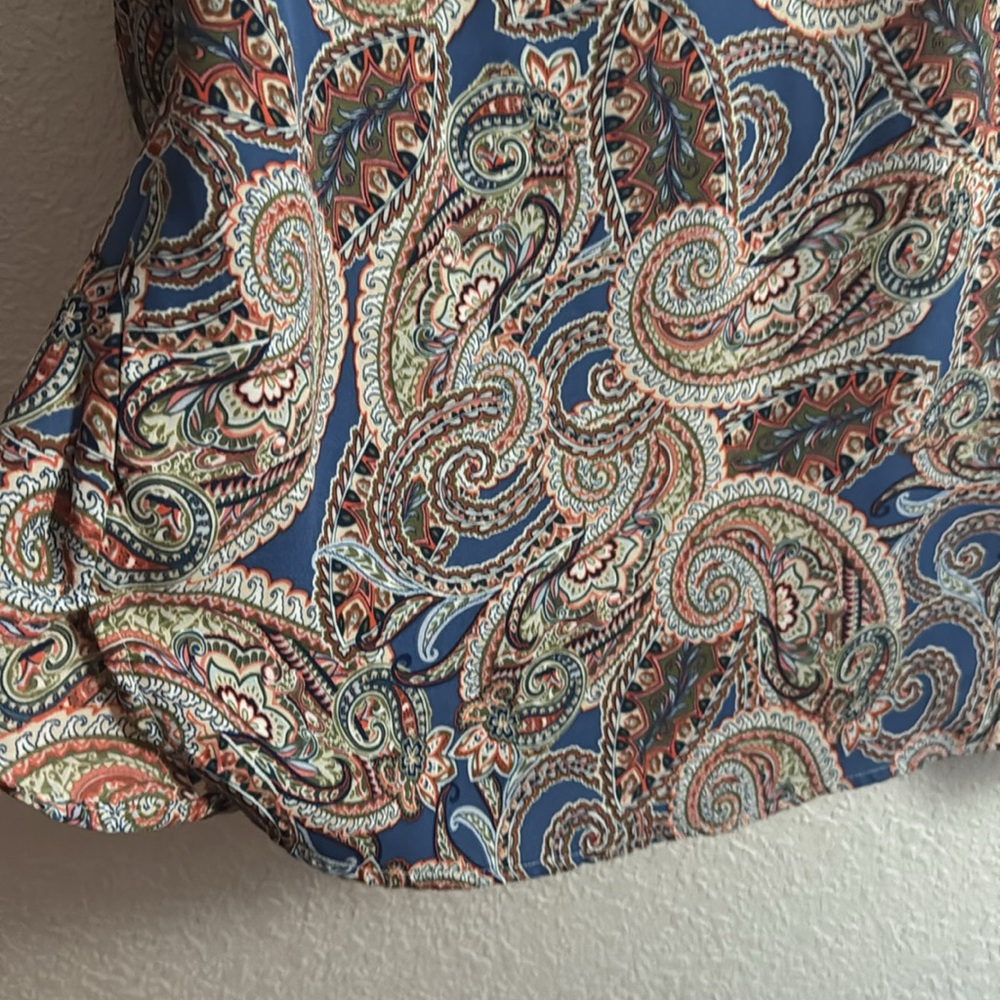 ❗️SOLD❗️Blue and Tan Ruffled 3/4 Sleeve Blouse with Mandarin Collar - Picture 5 of 5